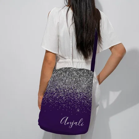 Silver Purple Glitter Girly Monogram Customized Full Print Canvas Sling Bag for Women & Men