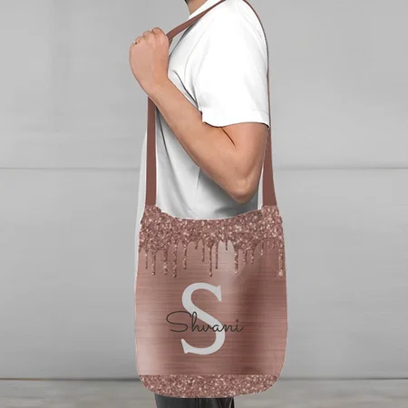 Pink Rose Gold Glitter Elegant Monogram Customized Full Print Canvas Sling Bag for Women & Men