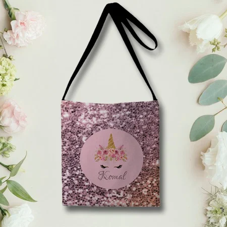 Pink Unicorn Floral Glitter Monogram Customized Full Print Canvas Sling Bag for Women & Men