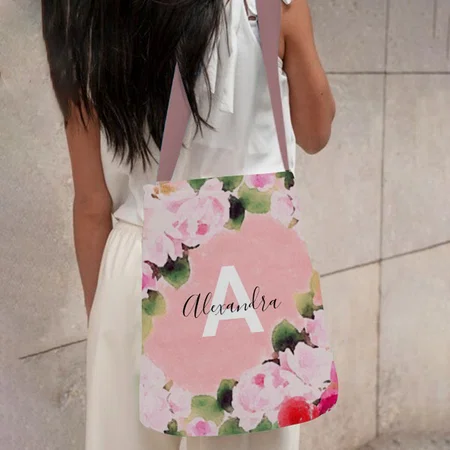 Beautiful Artistic Watercolor Pink Roses With Name Customized Full Print Canvas Sling Bag for Women & Men