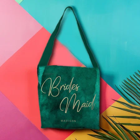 Emerald Green Watercolor Gold Bridesmaid Monogram Customized Full Print Canvas Sling Bag for Women & Men