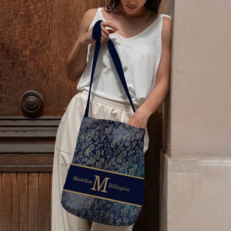 Elegant Navy Blue Gold Leaves Customized Full Print Canvas Sling Bag for Women & Men