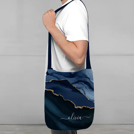 Navy Blue Agate Geode Gold Monogram Customized Full Print Canvas Sling Bag for Women & Men