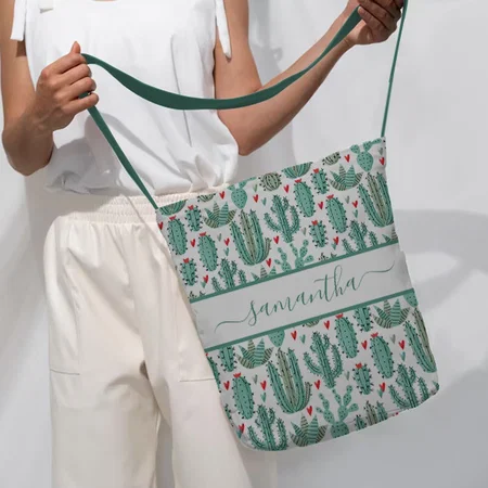 Cactus White Green with Name Customized Full Print Canvas Sling Bag for Women & Men