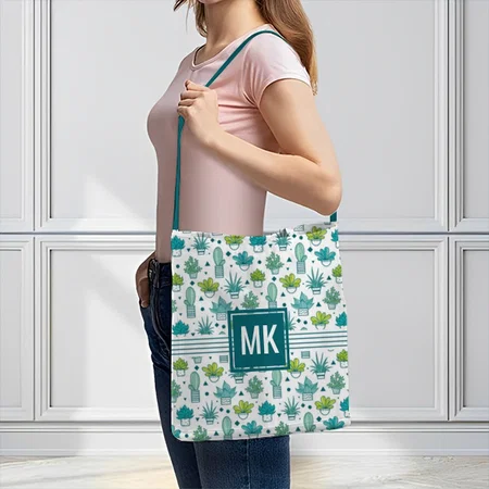 Green & Blue Watercolor Succulent Pattern Customized Full Print Canvas Sling Bag for Women & Men