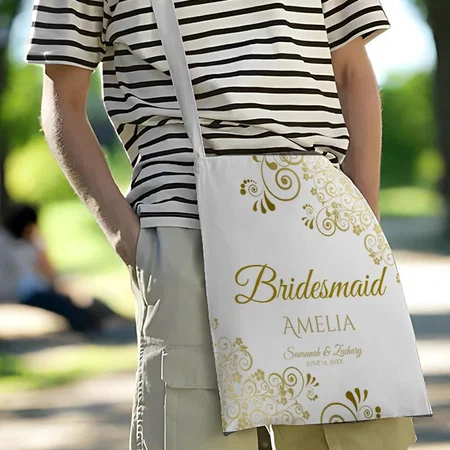 Gold Frills on White Elegant Customized Full Print Canvas Sling Bag for Women & Men