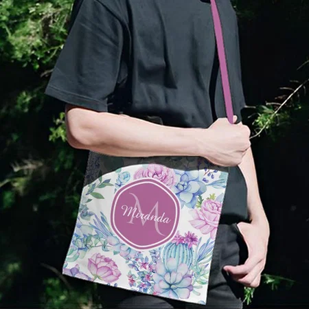 Elegant Purple and Blue Succulent Floral Customized Full Print Canvas Sling Bag for Women & Men