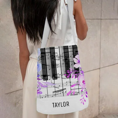 Blue Purple Flowers Music Notes Piano Customized Full Print Canvas Sling Bag for Women & Men