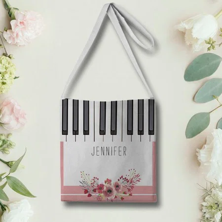 Pink Rose Piano Music Customized Full Print Canvas Sling Bag for Women & Men