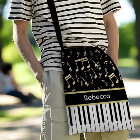 Musical Notes and Piano Keys Black and Gold Customized Full Print Canvas Sling Bag for Women & Men