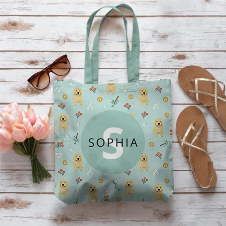 Cute Golden Retriever Dog Monogram Customized Full Print Tote Bag for Women & Men