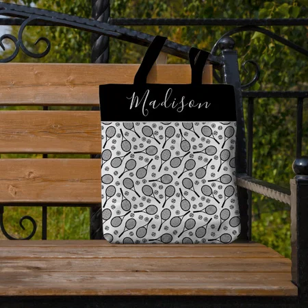 Black Tennis Rackets Balls Design Customized Full Print Tote Bag for Women & Men