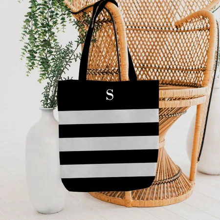 Black White Stripes Customized Full Print Tote Bag for Women & Men