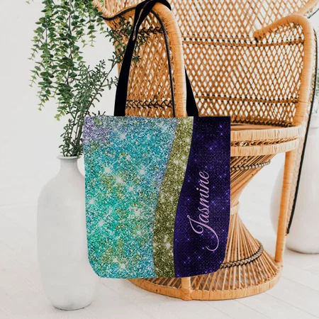 Chic Iridescent Purple Bue Faux Glitter Monogram Customized Full Print Tote Bag for Women & Men