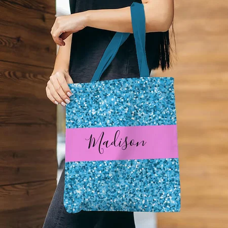 Glam Sky Blue Pink Glitter Sparkles Name Monogram Customized Full Print Tote Bag for Women & Men