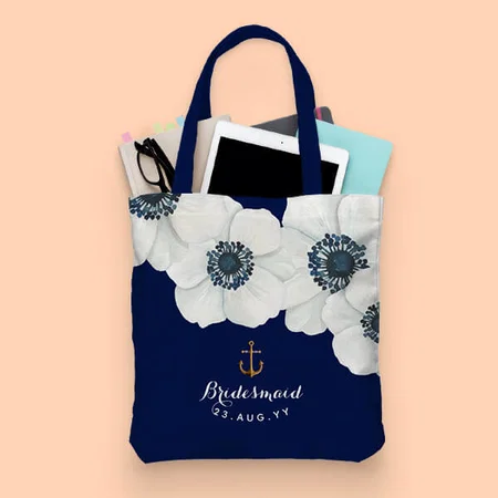 Navy & White Anemones Nautical Bridal Party Customized Full Print Tote Bag for Women & Men