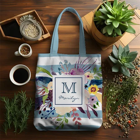 Blue Stripes Floral Watercolor Painted Monogram Customized Full Print Tote Bag for Women & Men