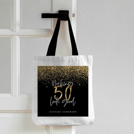 Modern Typography Gold Glitter Chic 50th Birthday Customized Full Print Canvas Tote Bag for Women & Men
