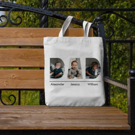 Dad with 3 Kids Photo Customized Full Print Canvas Tote Bag for Women & Men