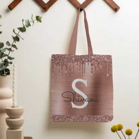 Pink Rose Gold Glitter Elegant Monogram Customized Full Print Tote Bag for Women & Men