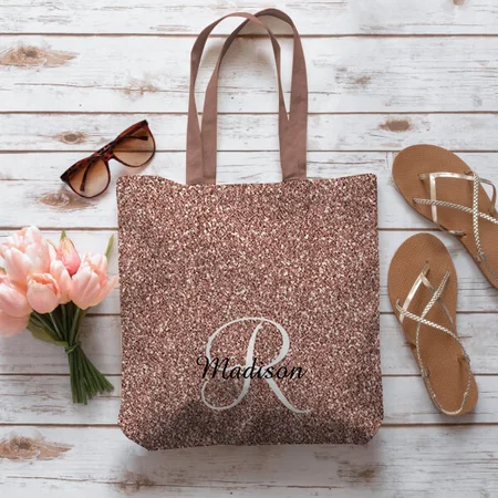 Rose Gold Sparkle Glitter Monogram Customized Full Print Tote Bag for Women & Men