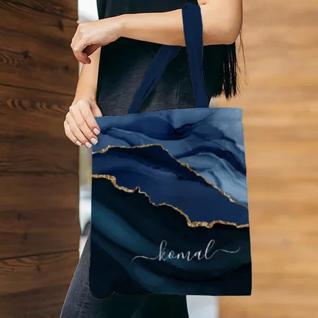 Navy Blue Agate Geode Gold Monogram Customized Full Print Tote Bag for Women & Men