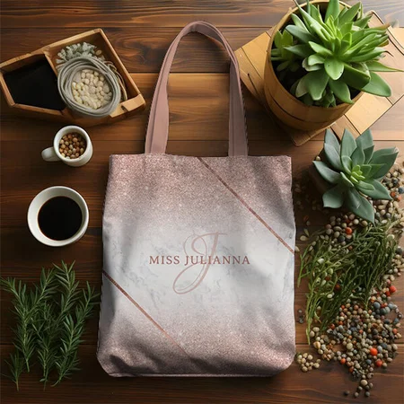 Rose Gold Glitter Marble Script Monogram Customized Full Print Tote Bag for Women & Men