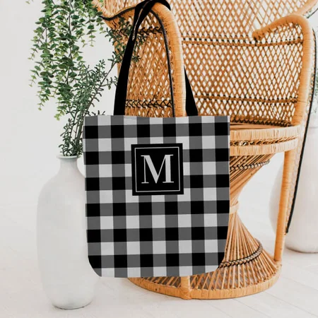 Black and White Buffalo Plaid Customized Full Print Tote Bag for Women & Men