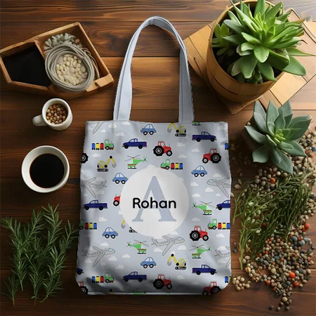 Boys Cute Transport Pattern Tractor Customized Full Print Tote Bag for Women & Men