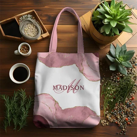 Modern Blush Pink Agate Rose Gold Glitter Customized Full Print Tote Bag for Women & Men