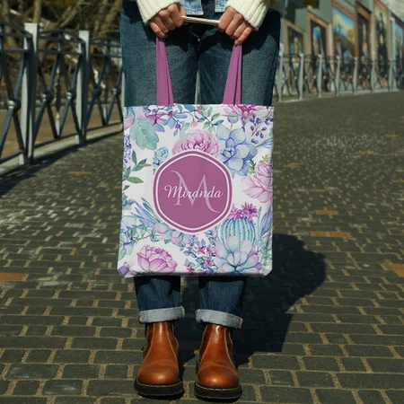Elegant Purple and Blue Succulent Floral Customized Full Print Tote Bag for Women & Men