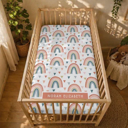Boho Watercolor Rainbow Name Modern Coral Customized Baby Cot Crib Bedsheet