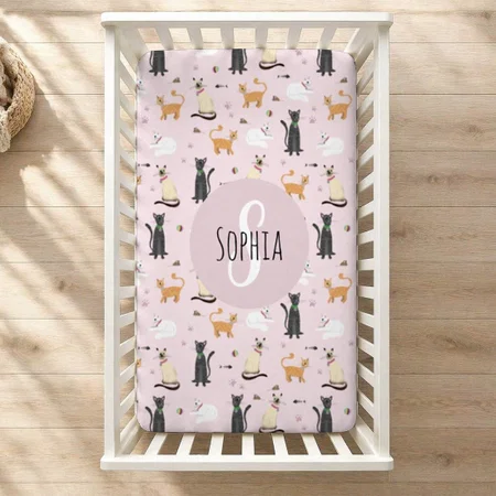 Girls Cute Pink Kitty Cat Cartoon Pattern & Name Customized Baby Cot Crib Bedsheet