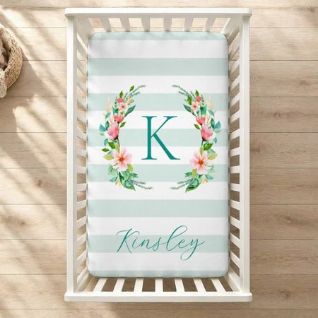 Paradise Floral And Stripes Monogram Customized Baby Cot Crib Bedsheet