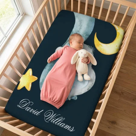 Twinkle Sleeping Elephant Baby Boy Monogram Customized Baby Cot Crib Bedsheet