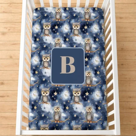 Owl Pattern Blue Night Monogram Customized Baby Cot Crib Bedsheet