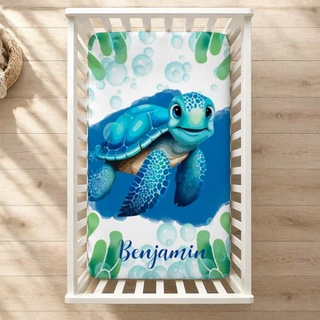 Teal Blue Sea Turtle Seaweed Baby Boy Gift Customized Baby Cot Crib Bedsheet