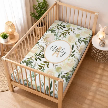 Watercolor Floral Bouquet Pink Beige Ivory Customized Baby Cot Crib Bedsheet