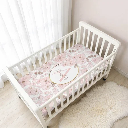 Cute Watercolor Pink Gold Flowers Girly Customized Baby Cot Crib Bedsheet
