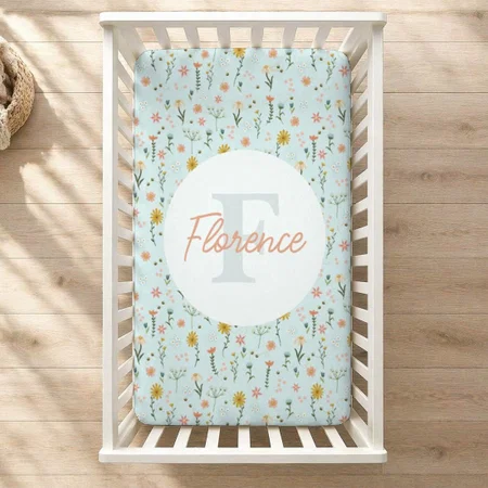 Girls Cute Elegant Floral Botanical Monogram Customized Baby Cot Crib Bedsheet