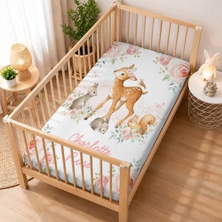 Girly Boho Woodland Pink Floral Deer Bunny Nursery Baby Customized Baby Cot Crib Bedsheet