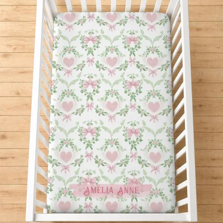Pink Hearts Customized Baby Cot Crib Bedsheet