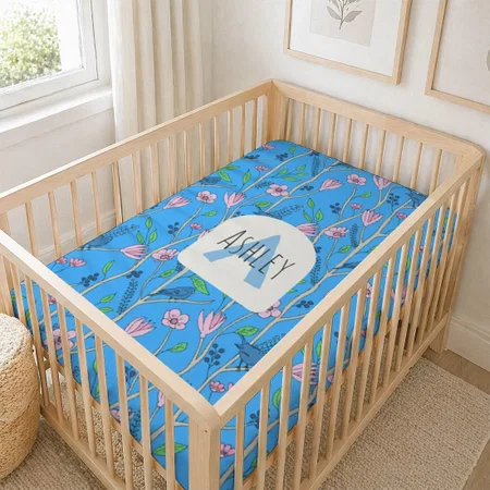 Girls Cute Birdies And Flowers Monogram Name Customized Baby Cot Crib Bedsheet