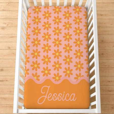 Orange Daisy Pattern on Pastel Pink with Name Customized Baby Cot Crib Bedsheet
