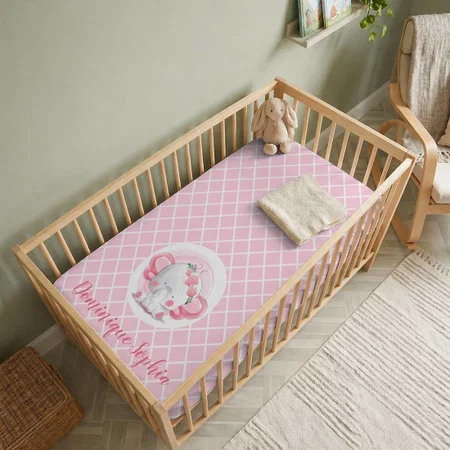 Pink Elephant Girl Customized Baby Cot Crib Bedsheet