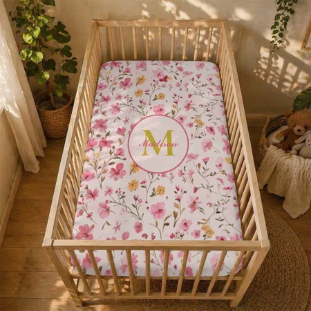 Pink Floral Customized Baby Cot Crib Bedsheet