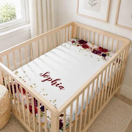 Floral Burgundy Watercolor Marsala Gold Baby Girl Customized Baby Cot Crib Bedsheet