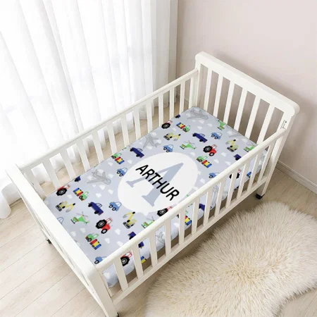 Cute Boys Transport Pattern Car Train Monogram Customized Baby Cot Crib Bedsheet