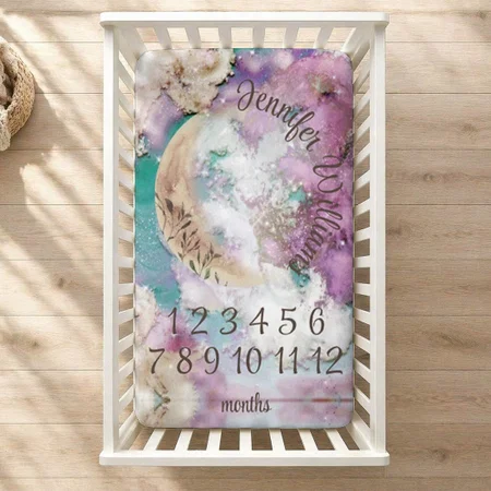 Moon And Stars Baby Milestone Purple Galaxy Space Customized Baby Cot Crib Bedsheet