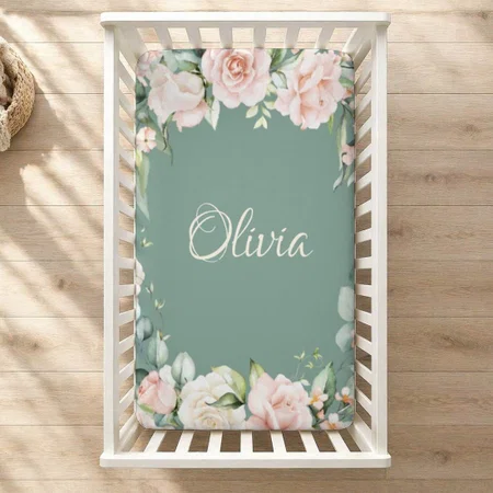 Green Floral Watercolor Name Customized Baby Cot Crib Bedsheet
